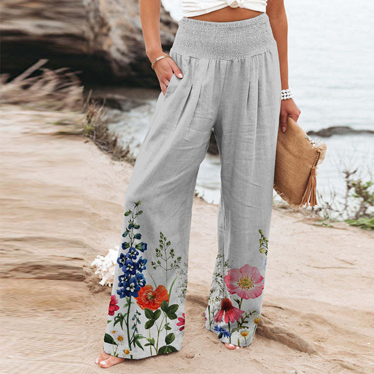 Stretchy Printed High Waist Casual Wide Leg Pant With Pockets