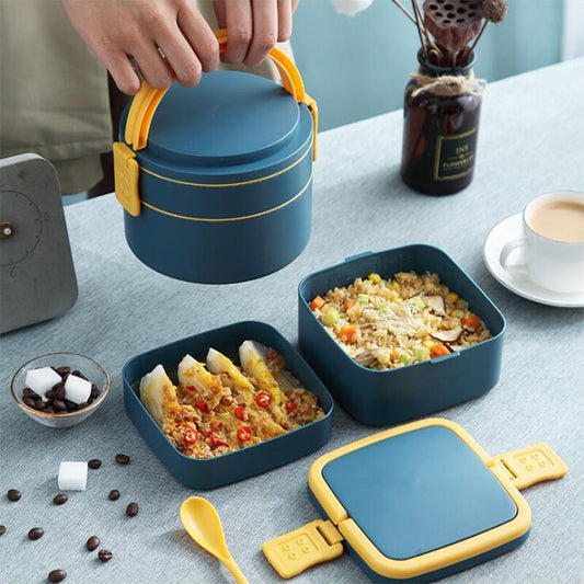 Double Layered Lunch Box with Spoon Microwave Japan Bento Box Simple Style Portable Large Capacity Food Box for School Kids