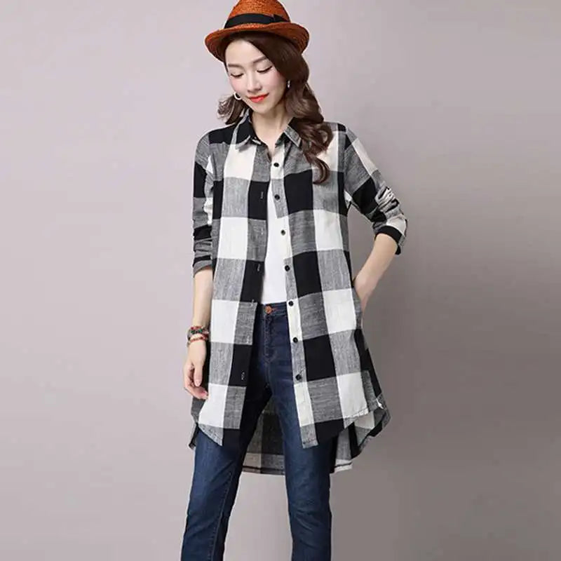 Spring Vintage Plaid Stripe Shirt Women Long Sleeve Loose Asymmetric Cotton Linen Long Shirt Ladies Vintage Lapel Collar