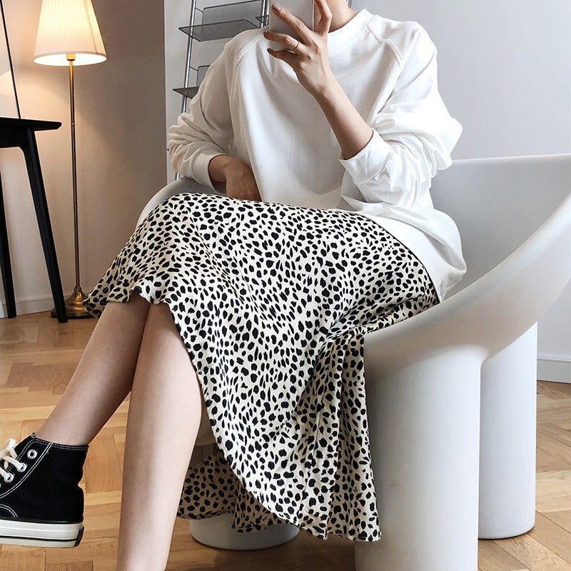 Retro Style Satin Leopard Print Skirt High Waist