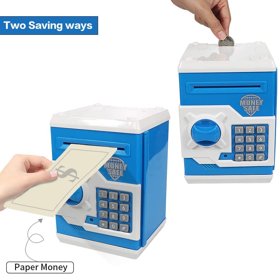 Piggy Banks for Kids, Electronic Password Code Money Banks ATM Banks Box Coin Bank for Children Boys and Girls (Blue/White)