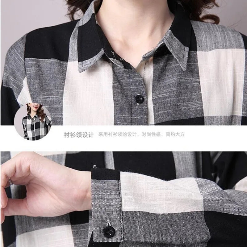 Spring Vintage Plaid Stripe Shirt Women Long Sleeve Loose Asymmetric Cotton Linen Long Shirt Ladies Vintage Lapel Collar