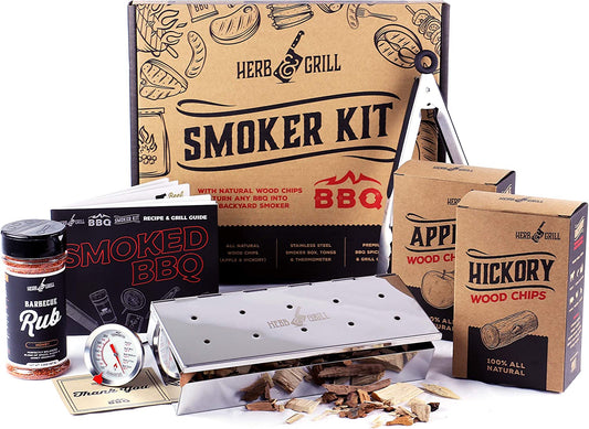 8 Piece BBQ Cooking Gift Set for Dad | Smoking Wood Chip Smoker Box with Honey BBQ Rub | Fun & Easy