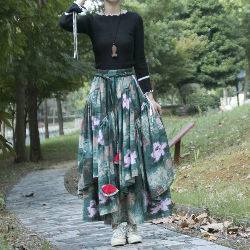 Ethnic Style Women's Cotton And Linen Printed Skirt