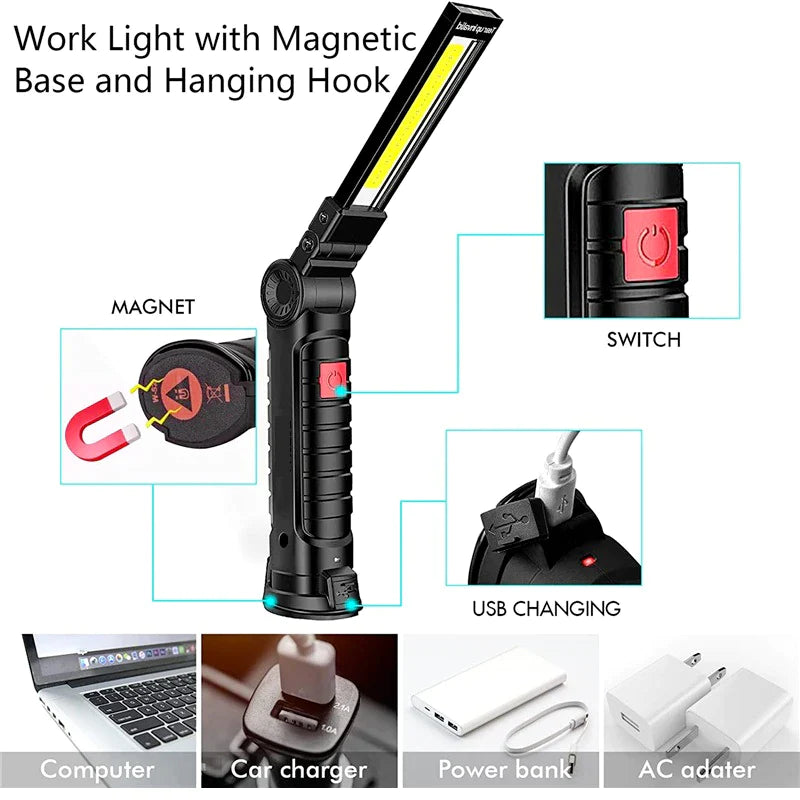 Rechargeable LED COB Work Light Mechanic Flashlight Lamp Magnetic Base Bright