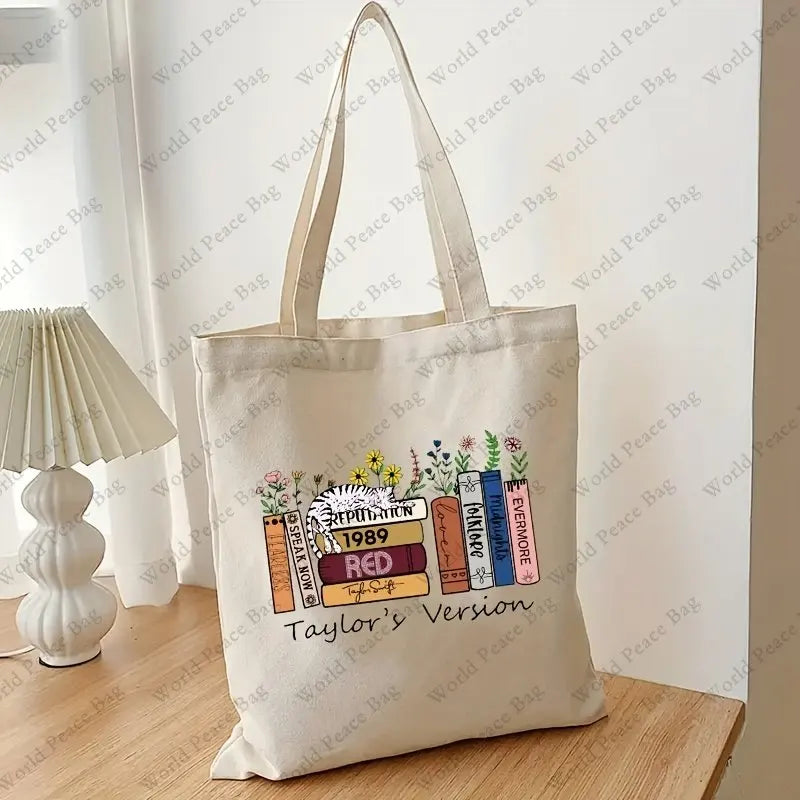 Taylor'S Version Pattern Beige Tote Bag, Shopping Bag, Taylor Merch Canvas Casual Shoulder Bag, Christmas Birthday Gift