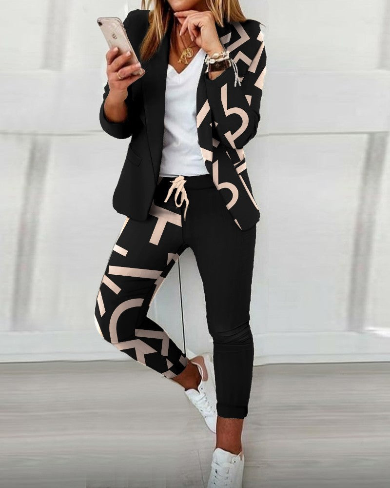 Fashion Printed Long-sleeved Cardigan Casual Suit