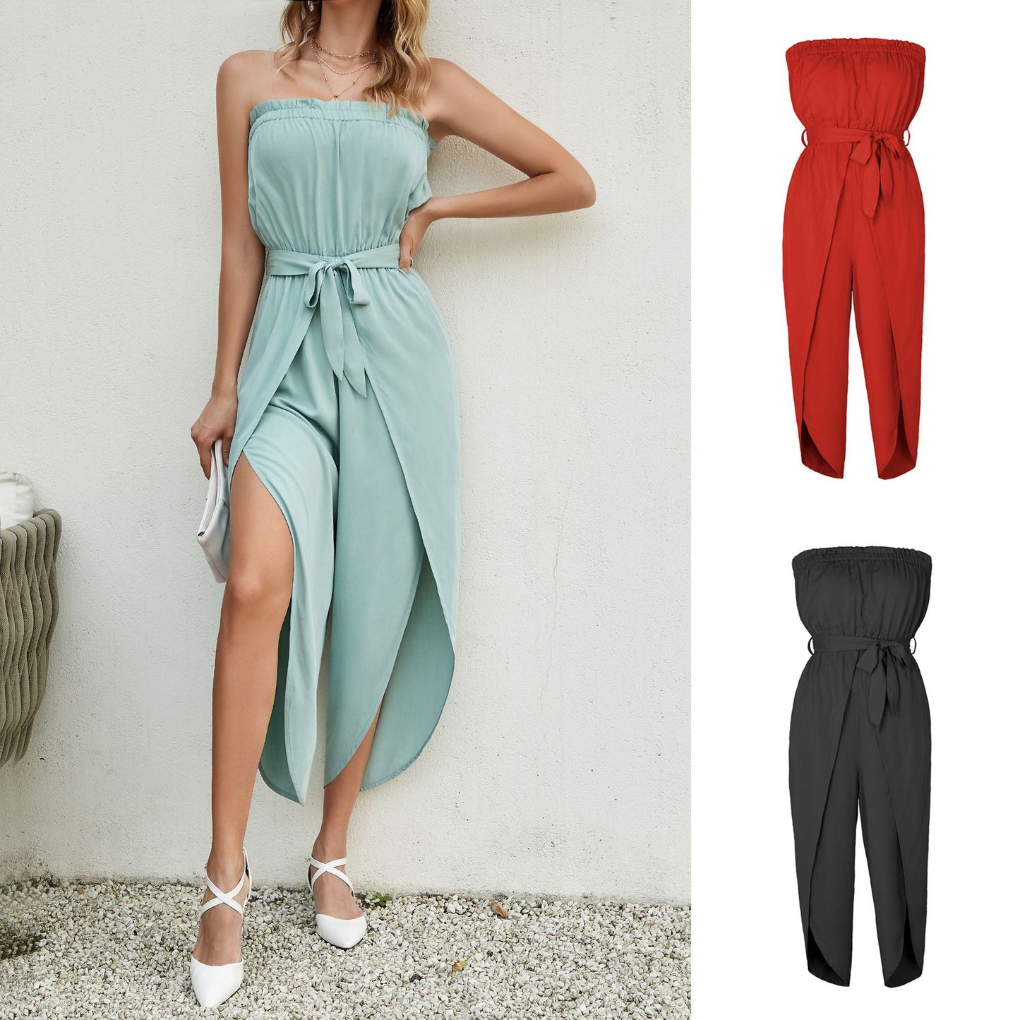 Jumpsuit off the shoulder Elastic Waistband Lace-up Women's Clothing