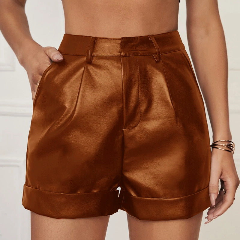 Play Leather Shorts Women's Outerwear High Rolled Hem Pleated Ladies Casual Hip-wrapped Pants