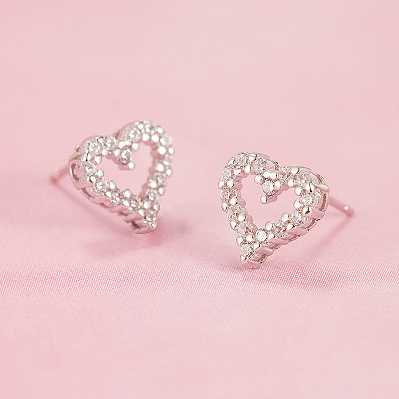 Simple Women's Diamond Heart-shaped Full-jeweled Stud Earrings