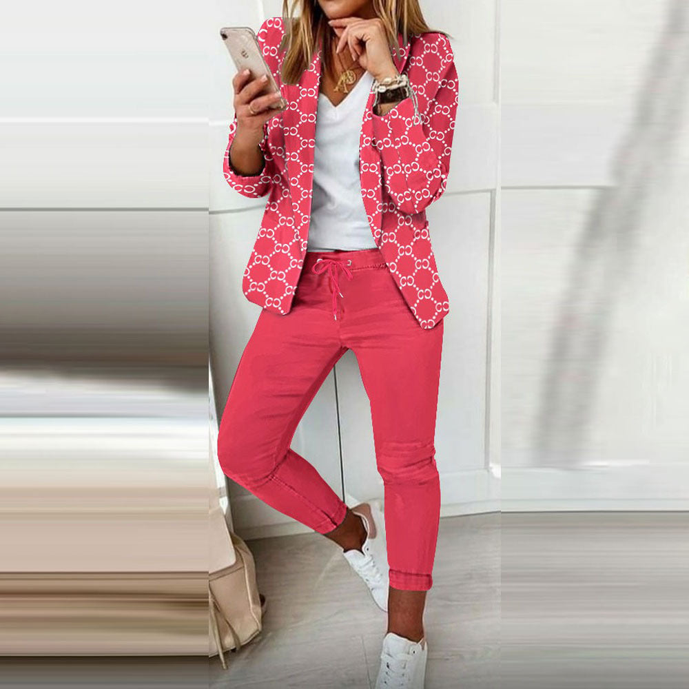 Fashion Printed Long-sleeved Cardigan Casual Suit