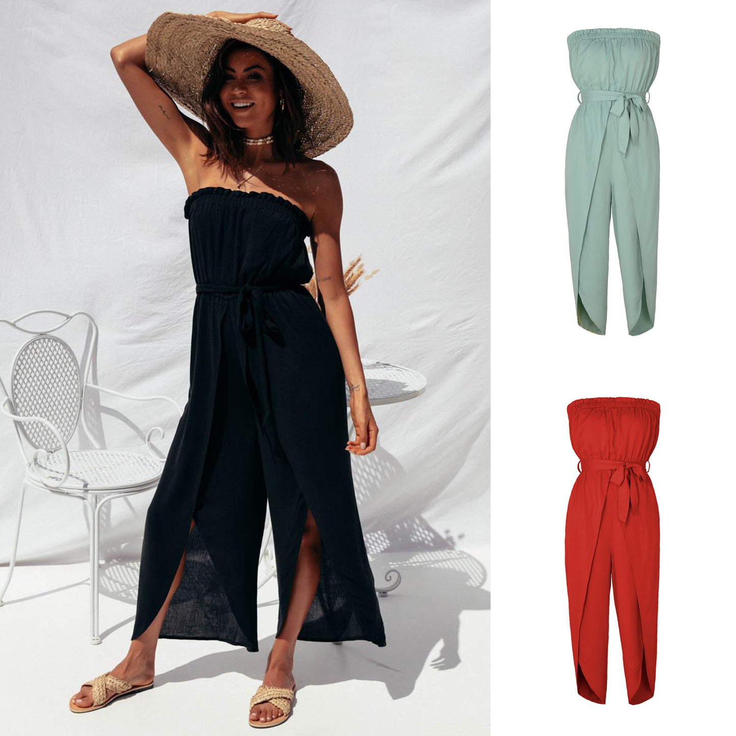 Jumpsuit off the shoulder Elastic Waistband Lace-up Women's Clothing