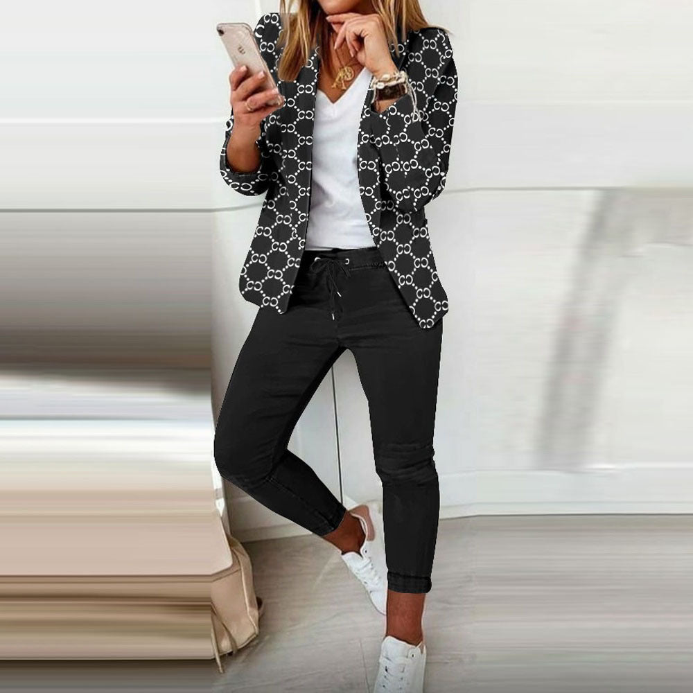 Fashion Printed Long-sleeved Cardigan Casual Suit