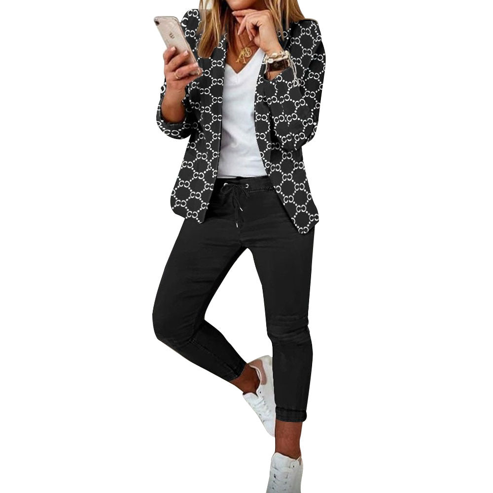 Fashion Printed Long-sleeved Cardigan Casual Suit