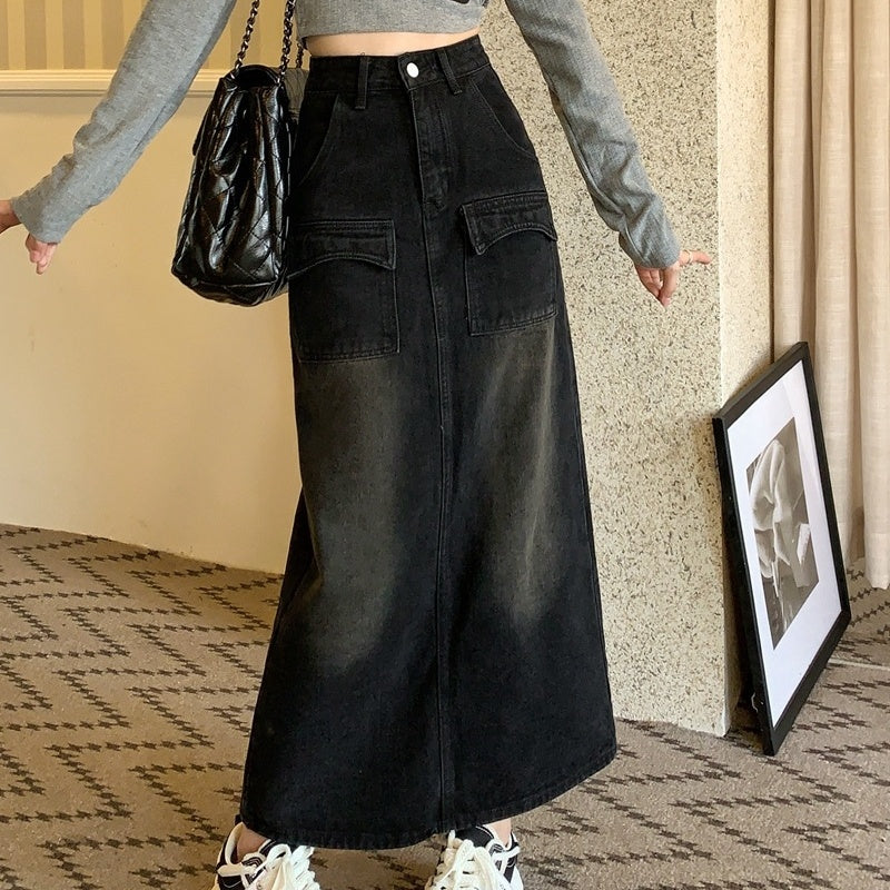 Retro Design Straight Hip Skirt Black Mid-length