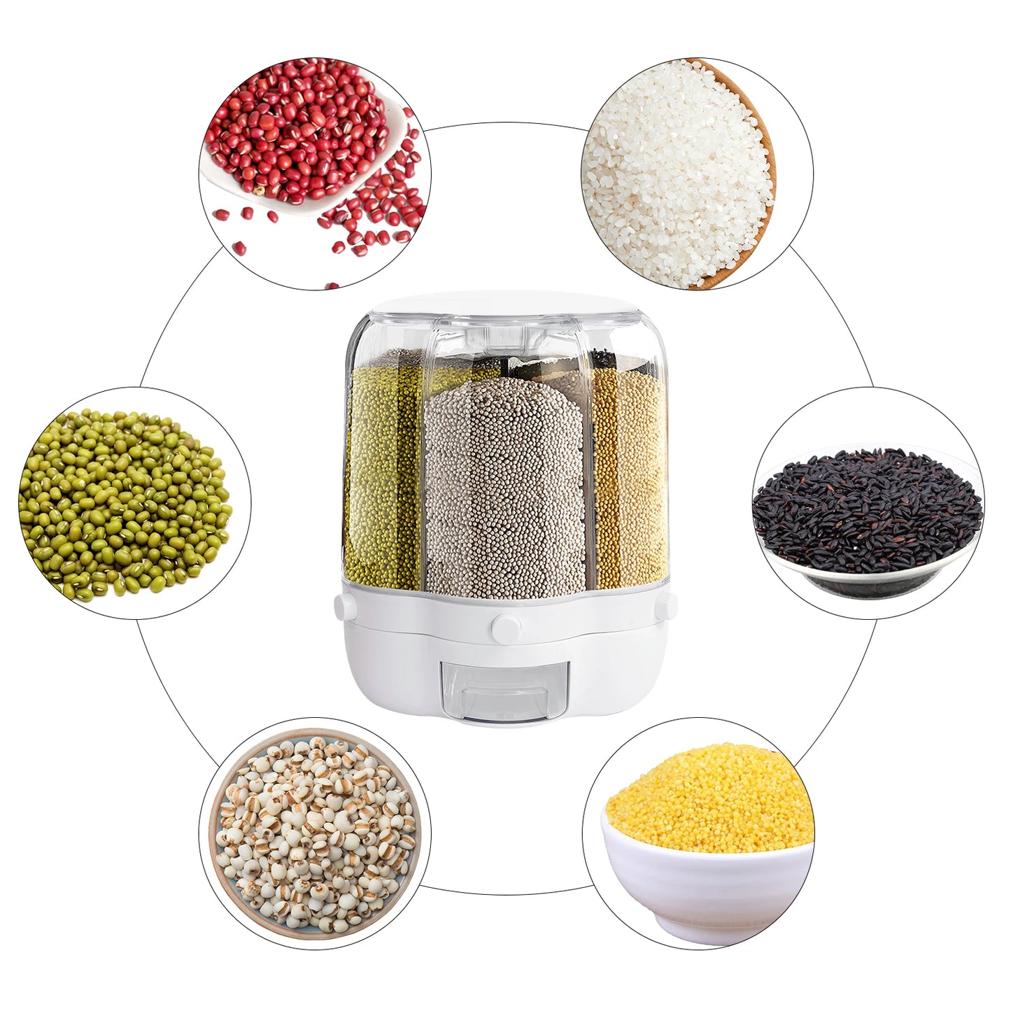 Large Rotating Food Dispenser, 6-Grid Rice Container with Lid, Dry Food Storage Box for Kitchen White