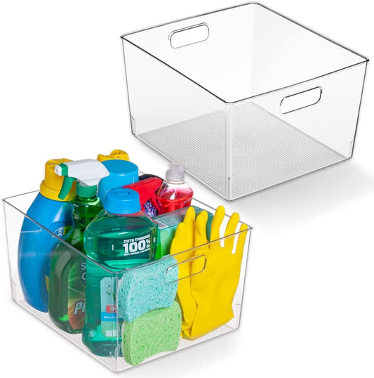 XL Clear Plastic Storage Bins - 2 Pack for Kitchen Cabinet and Fridge Organization