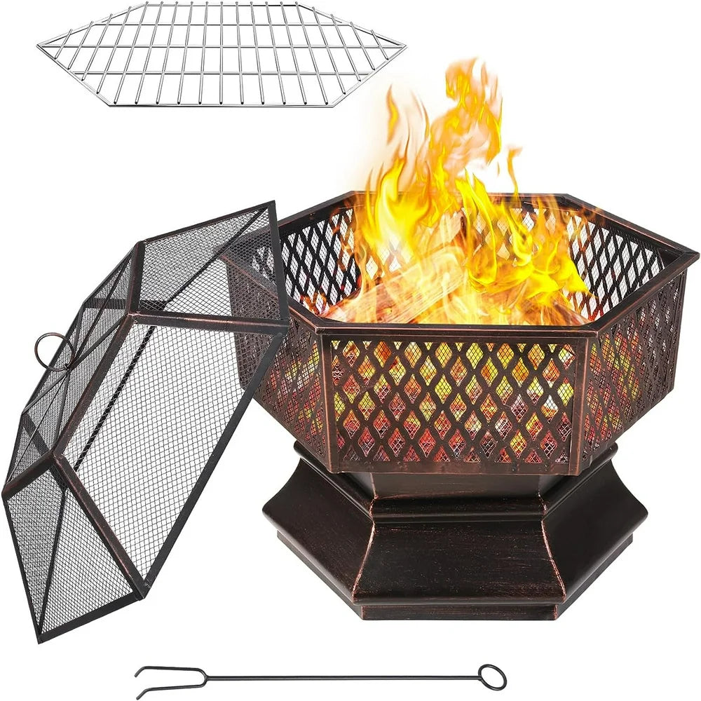 28'' Hex Shaped Steel Fire Pit for Outside, Wood Burning Fireplace Fire Bowl with Spark Screen & Fire Poker for Patio, Backyard, Camping, Picnic, Bonfire