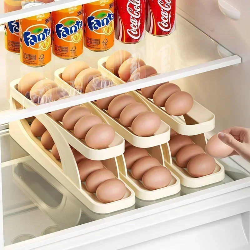 Automatic Scrolling Egg Rack Holder Storage Box Egg Basket Container Organizer Rolldown Refrigerator Egg Dispenser for Kitchen