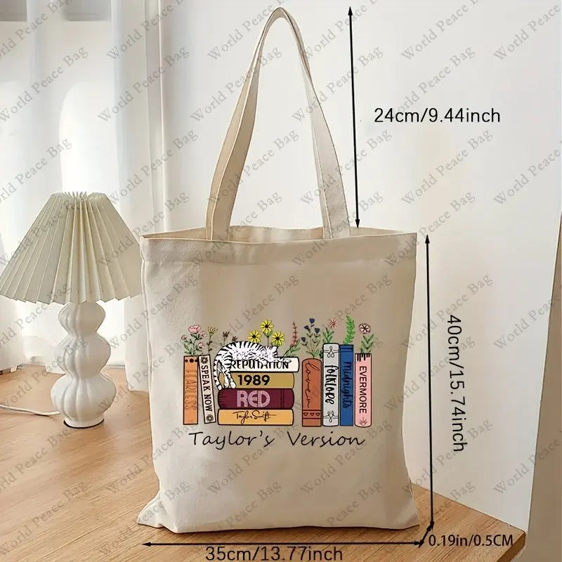 Taylor'S Version Pattern Beige Tote Bag, Shopping Bag, Taylor Merch Canvas Casual Shoulder Bag, Christmas Birthday Gift