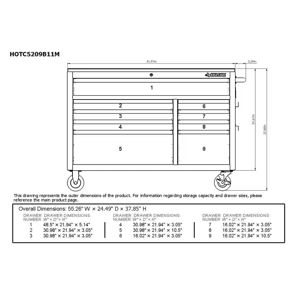 52 In. W X 25 In. D Standard Duty 9-Drawer Mobile Workbench Tool Chest with Solid Wood Top in Gloss Black