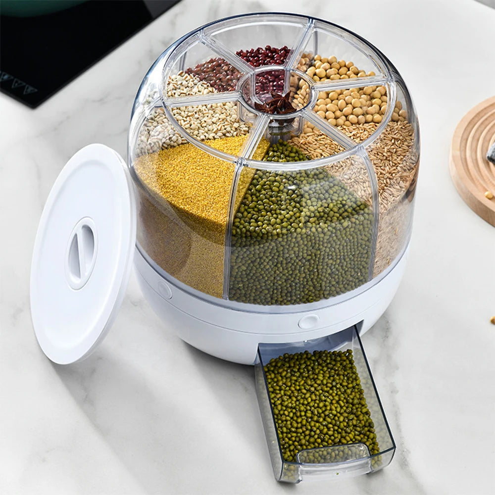 360 Degree Rotating Rice Dispenser Sealed Dry Cereal Grain Bucket Dispenser Moisture-Proof Kitchen Food Container Storage Box