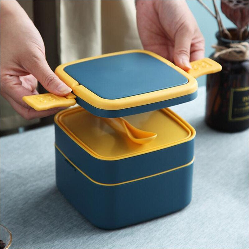 Double Layered Lunch Box with Spoon Microwave Japan Bento Box Simple Style Portable Large Capacity Food Box for School Kids