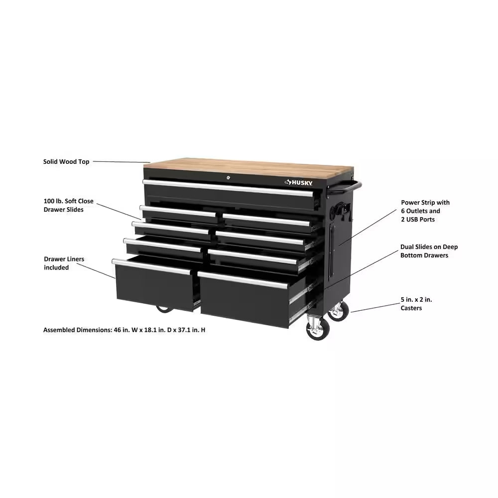 Tool Storage 46 In. W Gloss Black Mobile Workbench Cabinet