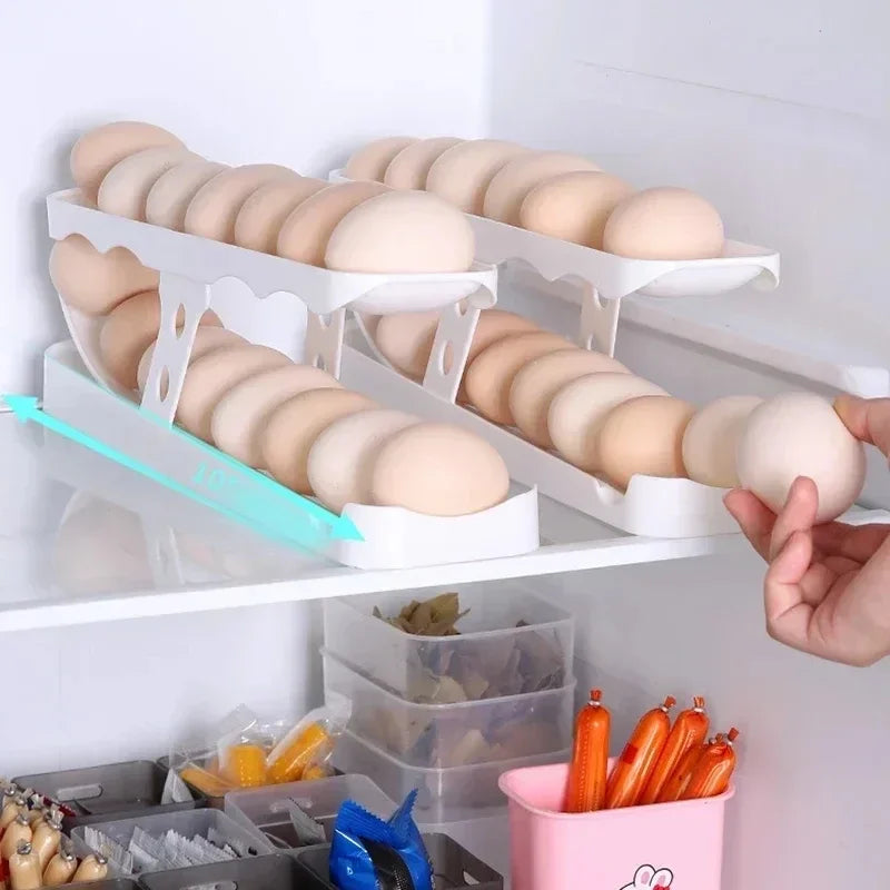 Automatic Scrolling Egg Rack Holder Storage Box Egg Basket Container Organizer Rolldown Refrigerator Egg Dispenser for Kitchen