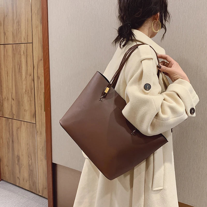 Vintage Women Tote Bag Large Capacity Shoulder Bag Soft Leather Top-Handle Bag Winter New Lady Handbag Shopping Tote Purse Sac