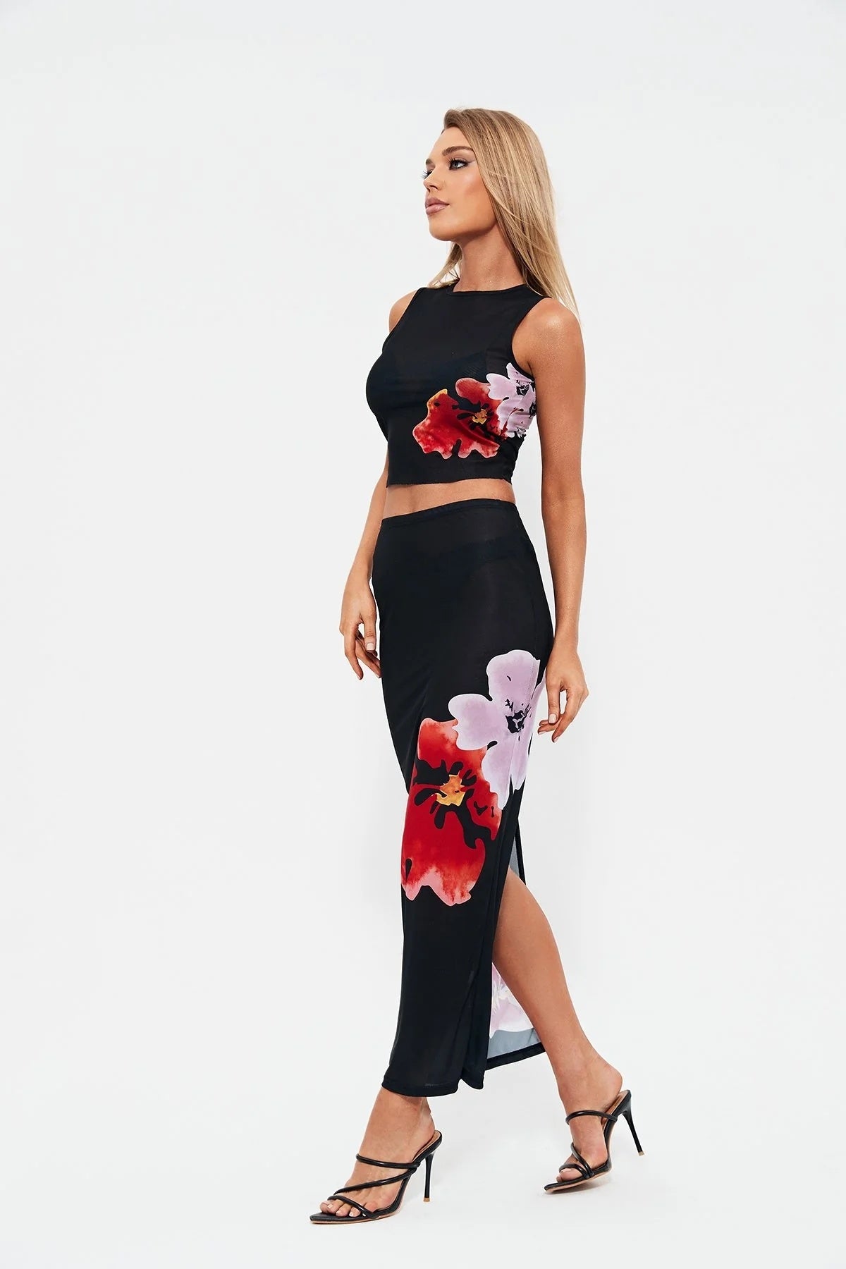 Sleeveless Printed Slit Skirt Set