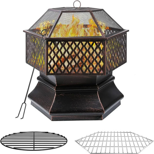 28'' Hex Shaped Steel Fire Pit for Outside, Wood Burning Fireplace Fire Bowl with Spark Screen & Fire Poker for Patio, Backyard, Camping, Picnic, Bonfire