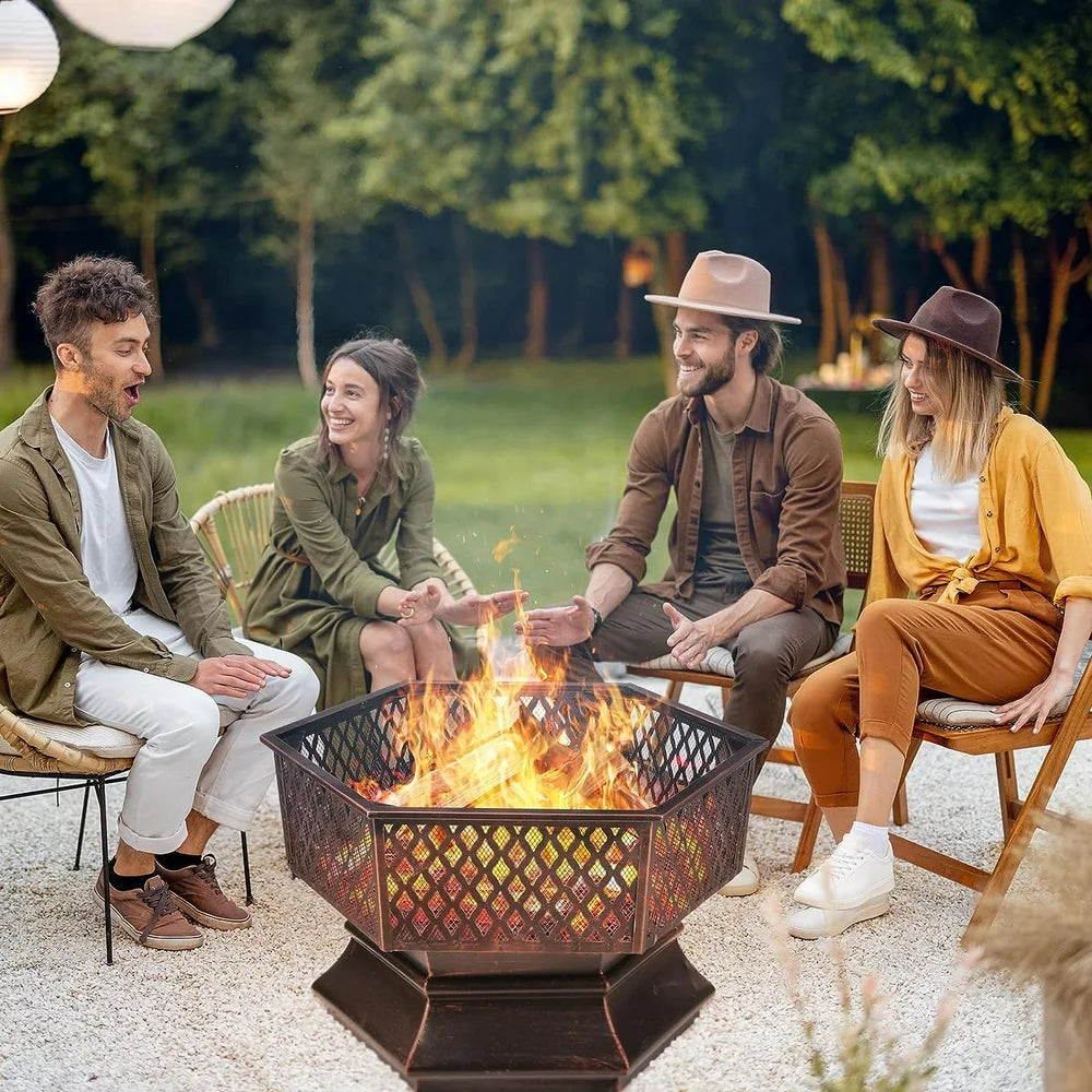 28'' Hex Shaped Steel Fire Pit for Outside, Wood Burning Fireplace Fire Bowl with Spark Screen & Fire Poker for Patio, Backyard, Camping, Picnic, Bonfire