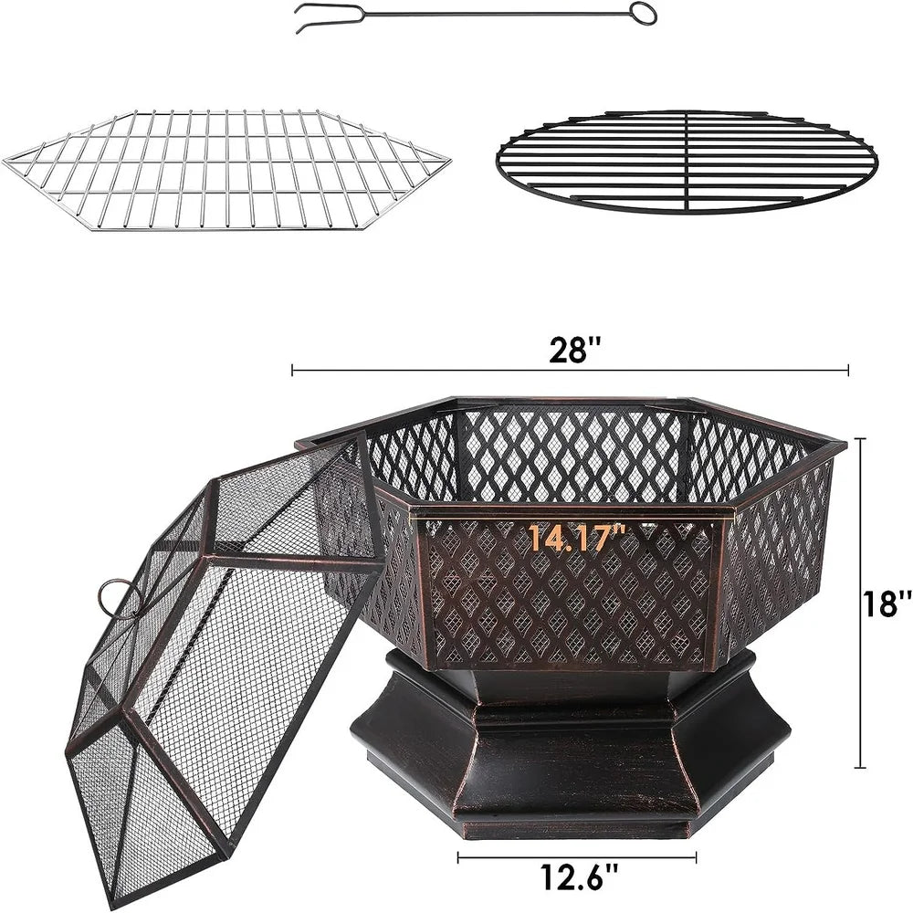 28'' Hex Shaped Steel Fire Pit for Outside, Wood Burning Fireplace Fire Bowl with Spark Screen & Fire Poker for Patio, Backyard, Camping, Picnic, Bonfire