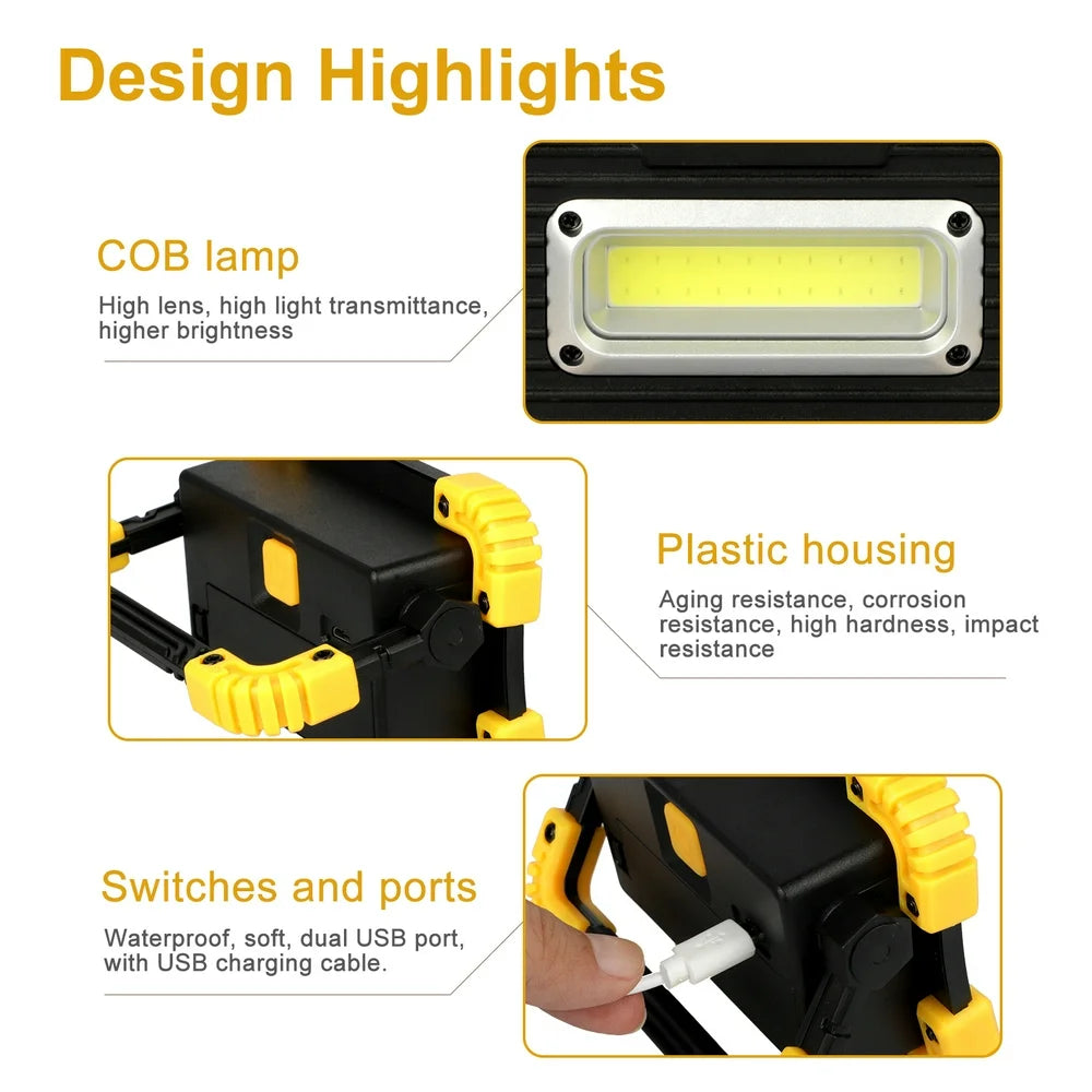 Rechargeable LED Work Light,  300LM 180° Rotatable COB Work Light, Portable Inspection Lamp W/ 3 Lighting Modes, Waterproof Job Site Lighting for Camping Hiking Fishing Car Repairing