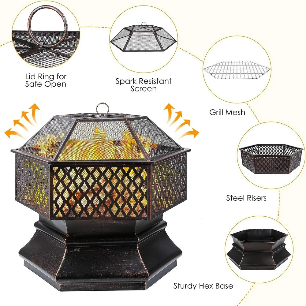 28'' Hex Shaped Steel Fire Pit for Outside, Wood Burning Fireplace Fire Bowl with Spark Screen & Fire Poker for Patio, Backyard, Camping, Picnic, Bonfire