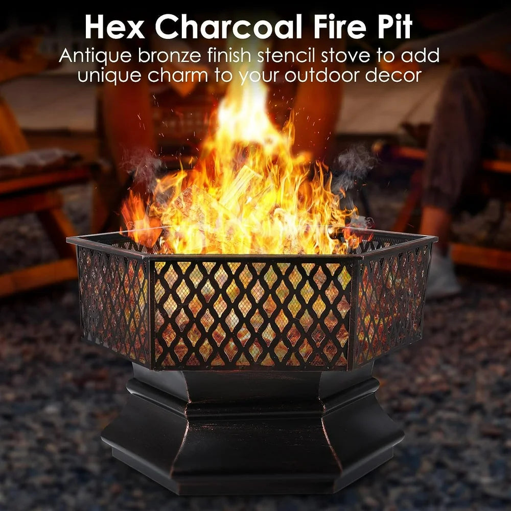 28'' Hex Shaped Steel Fire Pit for Outside, Wood Burning Fireplace Fire Bowl with Spark Screen & Fire Poker for Patio, Backyard, Camping, Picnic, Bonfire