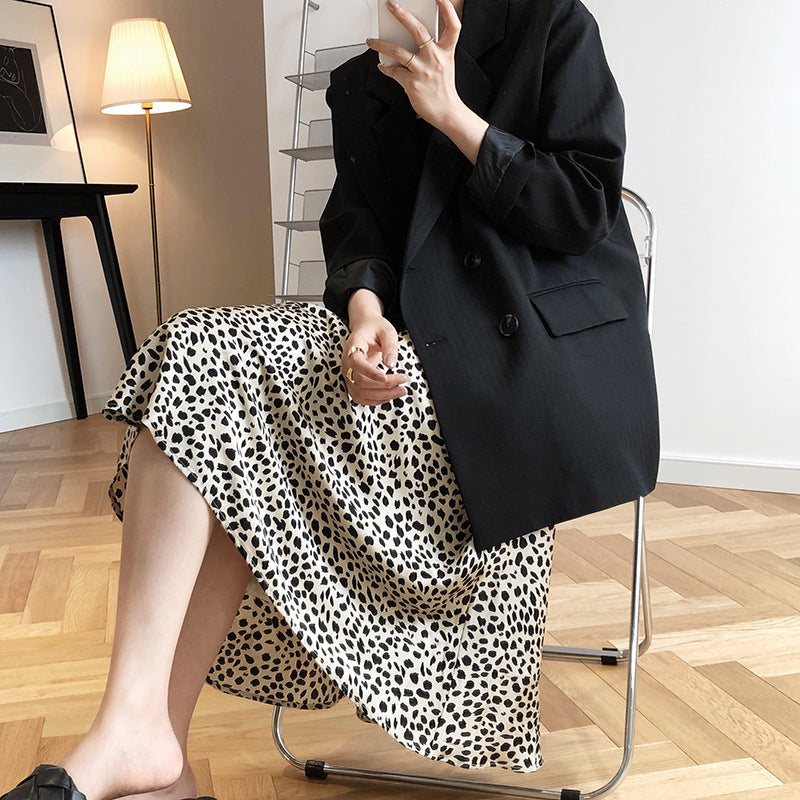 Retro Style Satin Leopard Print Skirt High Waist