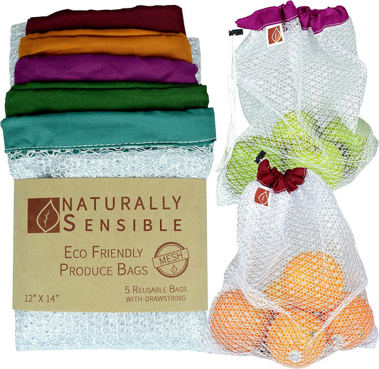 The Original Eco Friendly See through Washable and Reusable Produce Bags - Soft Premium Lightweight Nylon Mesh Large - 12X14In - Set of 5 (Red, Yellow, Green, Blue, Purple)