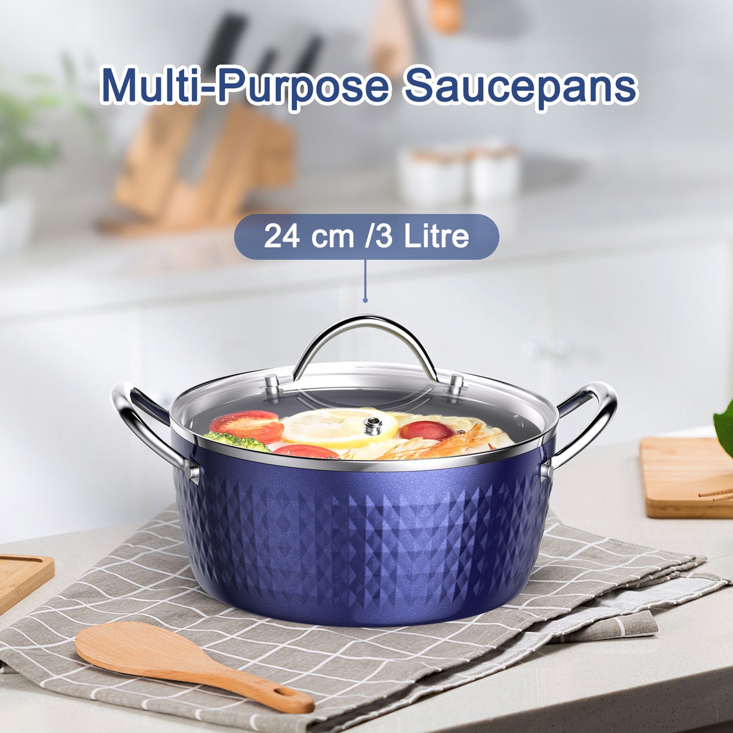 Casserole Dish, Induction Saucepan With Lid, 24cm 2.2L Stock Pots Non-Stick Saucepan, Aluminum Ceramic Coating Cooking Pot