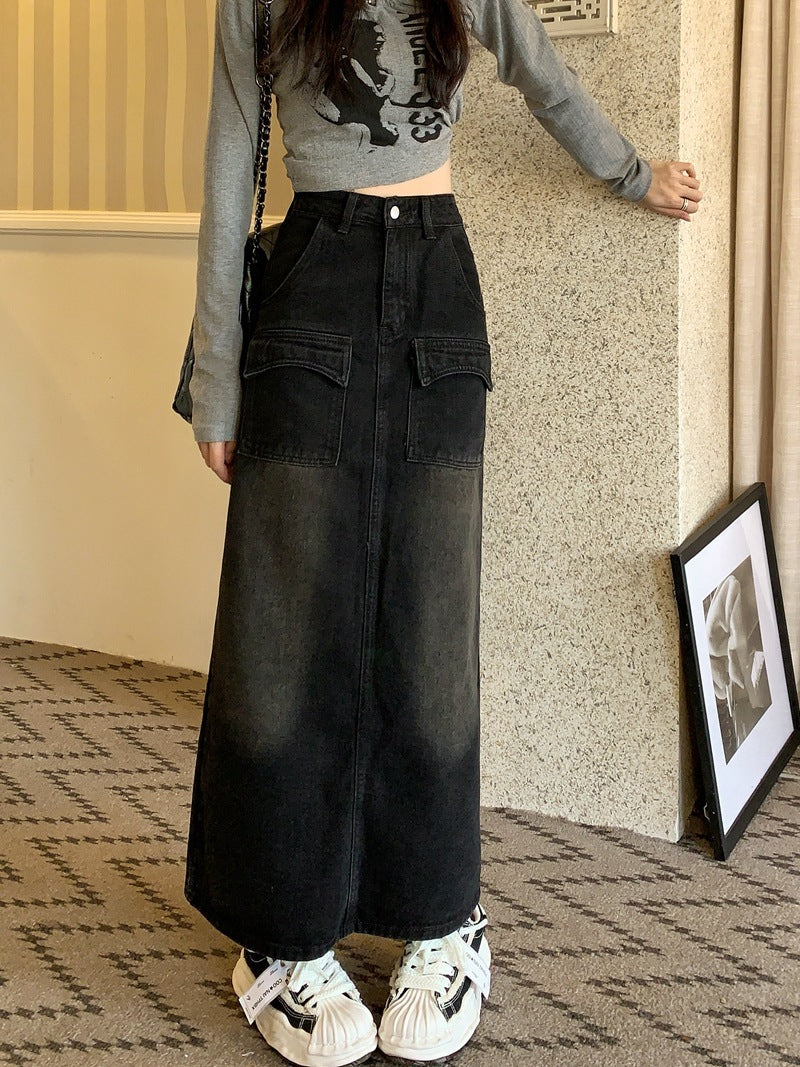 Retro Design Straight Hip Skirt Black Mid-length