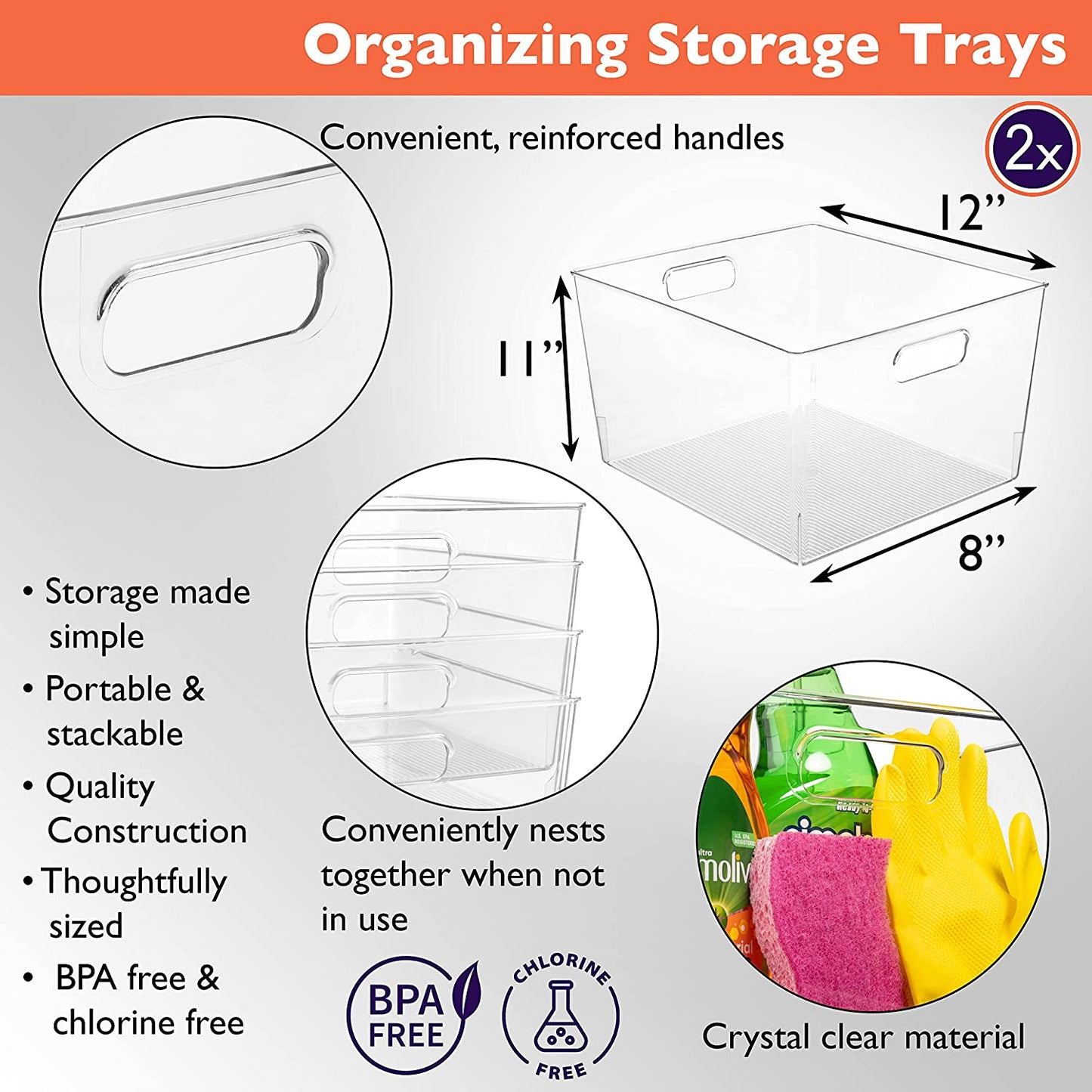 XL Clear Plastic Storage Bins - 2 Pack for Kitchen Cabinet and Fridge Organization