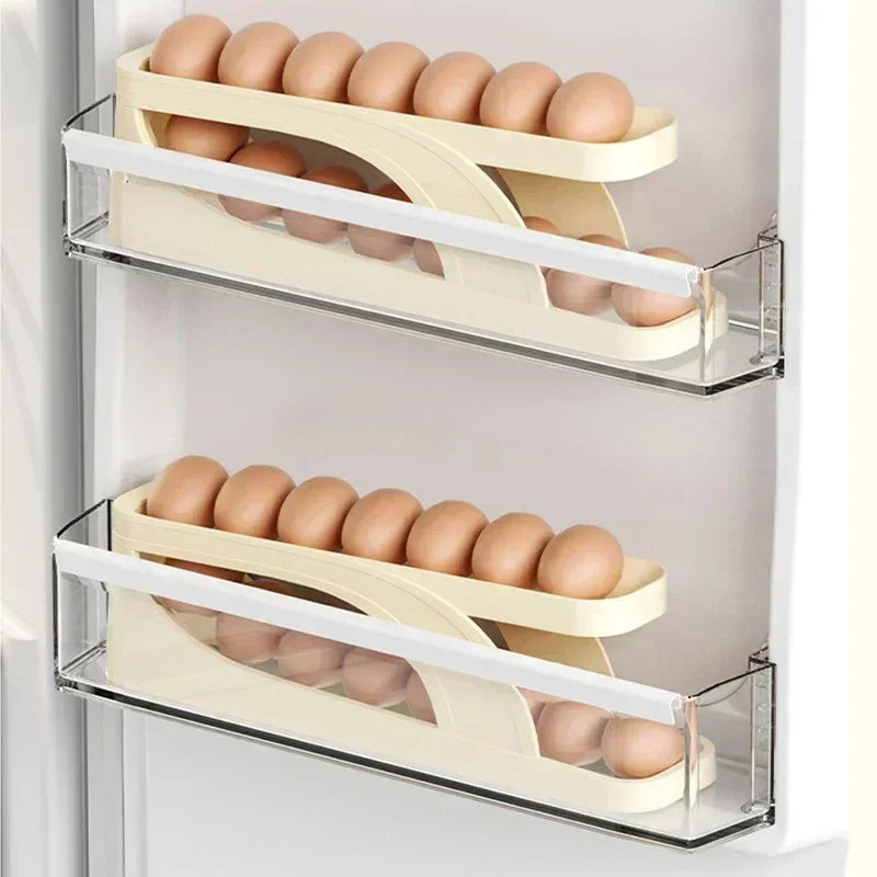 Automatic Scrolling Egg Rack Holder Storage Box Egg Basket Container Organizer Rolldown Refrigerator Egg Dispenser for Kitchen