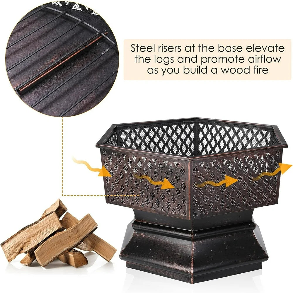 28'' Hex Shaped Steel Fire Pit for Outside, Wood Burning Fireplace Fire Bowl with Spark Screen & Fire Poker for Patio, Backyard, Camping, Picnic, Bonfire