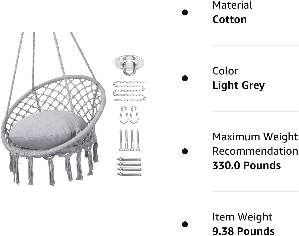 Hammock Chair Macrame Swing, Max 330 Lbs, Hanging Cotton Rope Hammock Swing Chair for Indoor and Outdoor Use, Light Grey