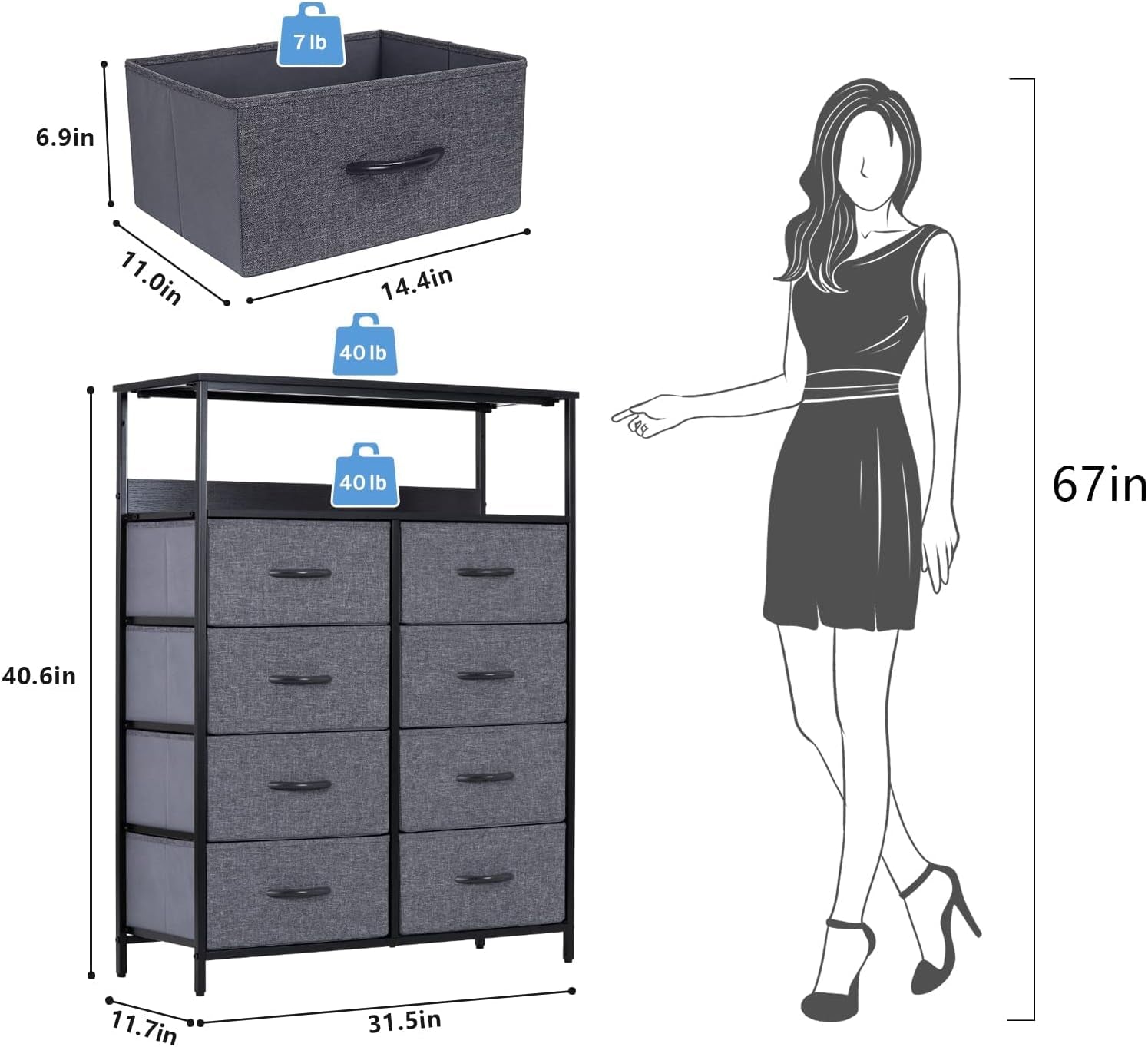 Dresser for Bedroom, 8 Drawer Dresser with Shevles, Fabric Dresser for Kids, Rustic Dresser, Sturdy Steel Frame, Movable Chest of Drawers for Clothes