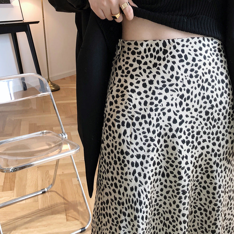 Retro Style Satin Leopard Print Skirt High Waist