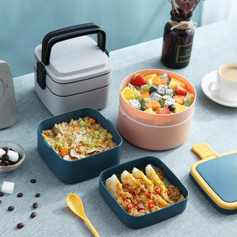 Double Layered Lunch Box with Spoon Microwave Japan Bento Box Simple Style Portable Large Capacity Food Box for School Kids