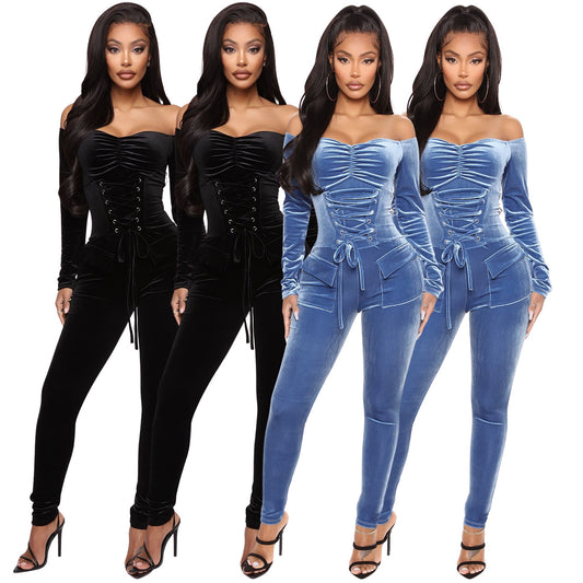 Women's Velvet One-shoulder Strap Jumpsuit