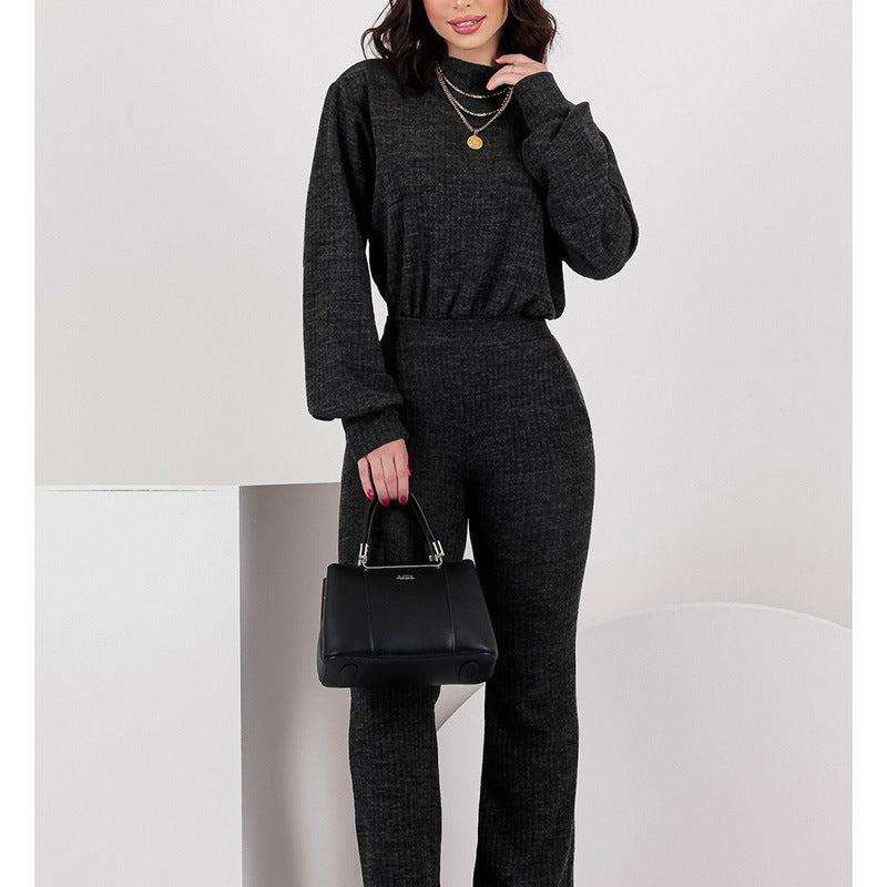 Fashion Casual Set Solid Ribbed Round Neck